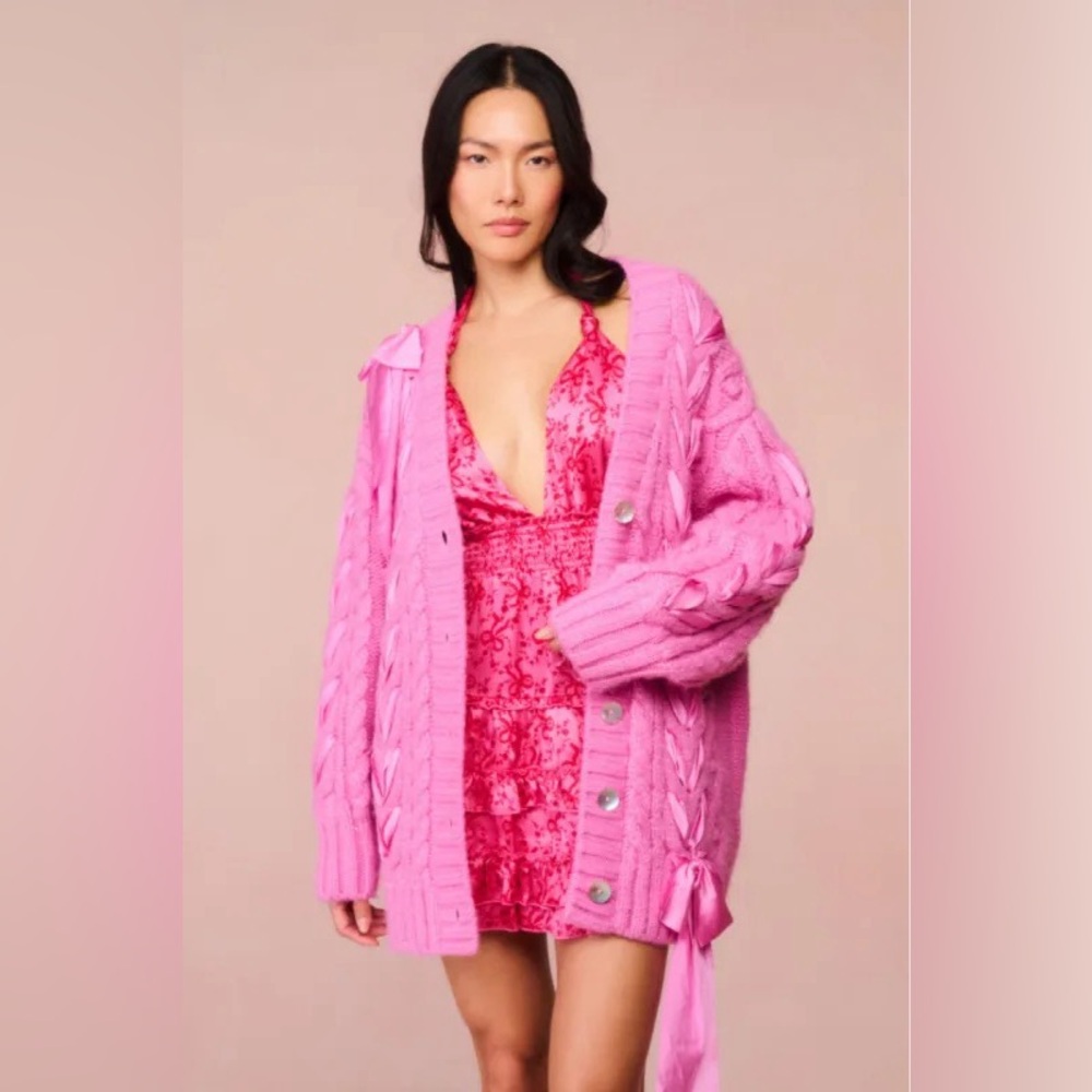 LoveShackFancy Kassius Alpaca Wool Pink Cardigan Cable Knit Sweater Size Small